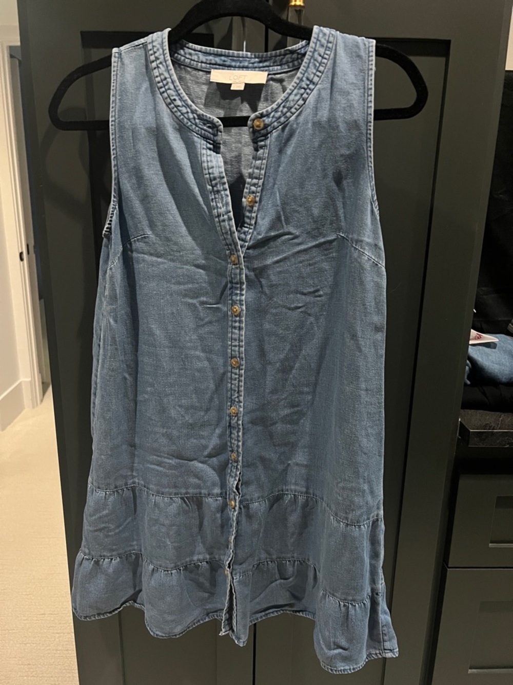 Light Wash Denim Sleeveless Button-Front Dress
